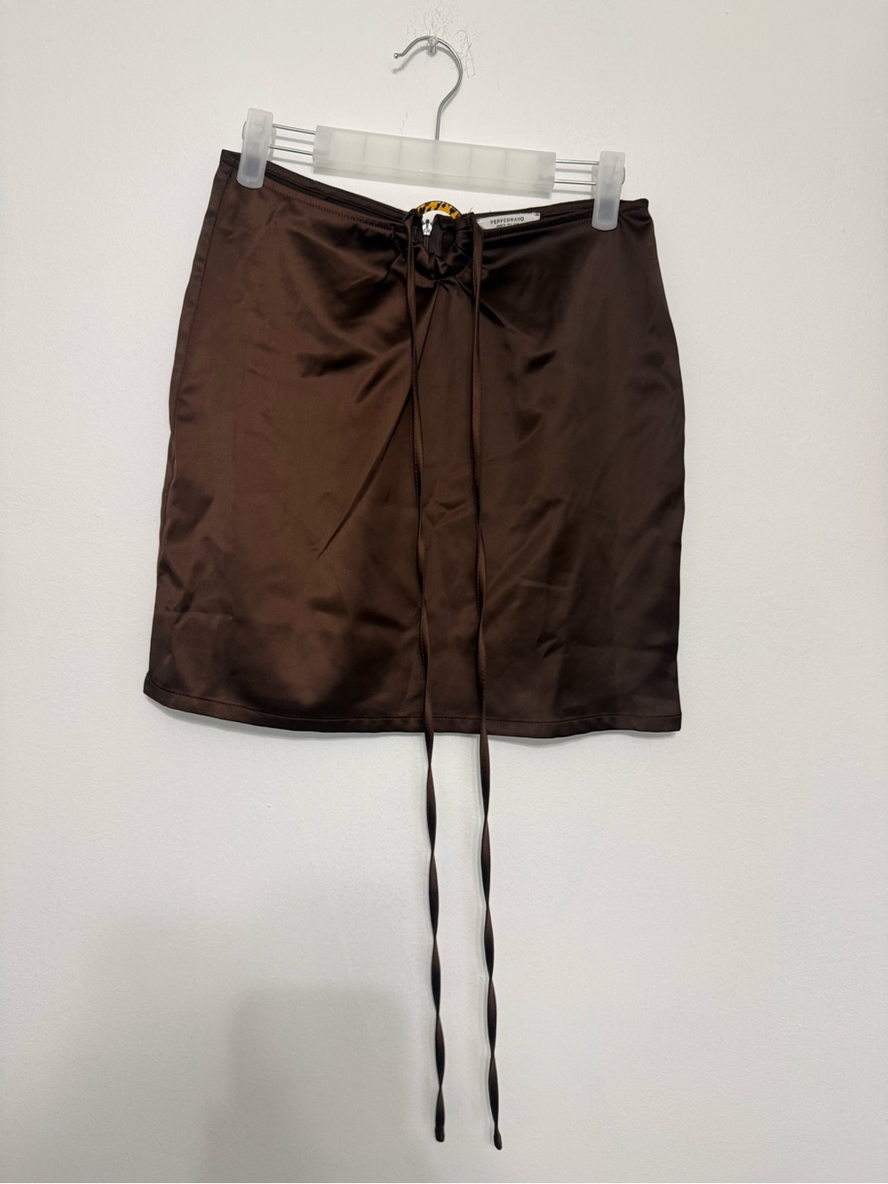 Peppermayo Brown Satin Drawstring Mini Skirt